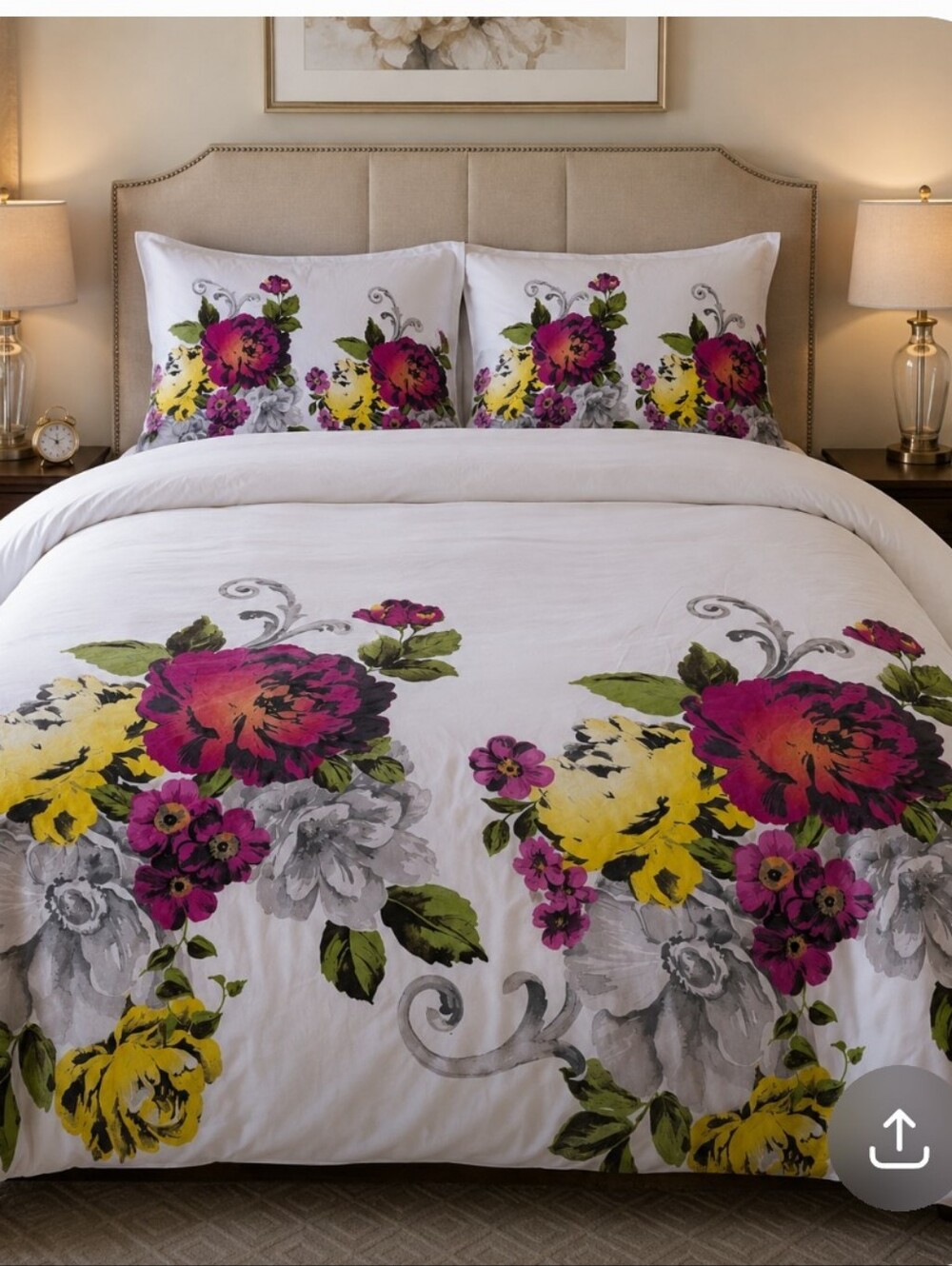 Cynthia Rowley White Duvet Cover with Pink, Yellow, Green & Gray Floral Print
